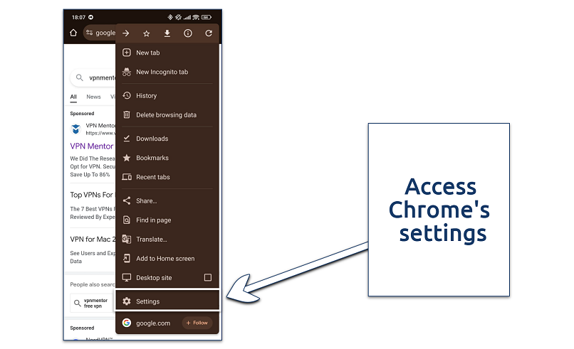 Screenshot showing how to access settings in Google Chrome mobile app