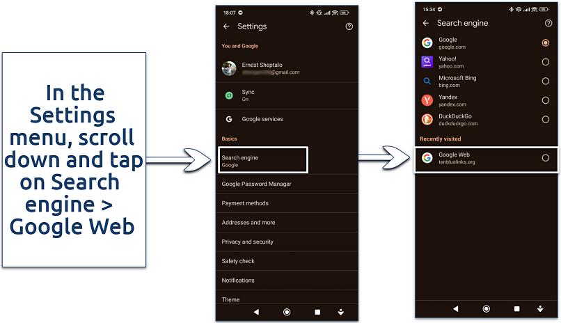 Screenshot showing how to change search engine settings in Google Chrome mobile app