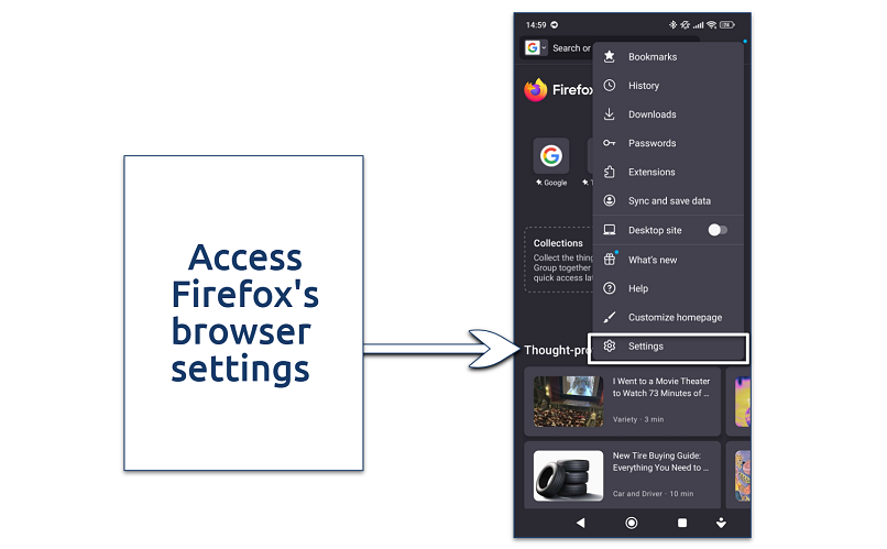 Screenshot showing how to access Settings on Firefox mobile