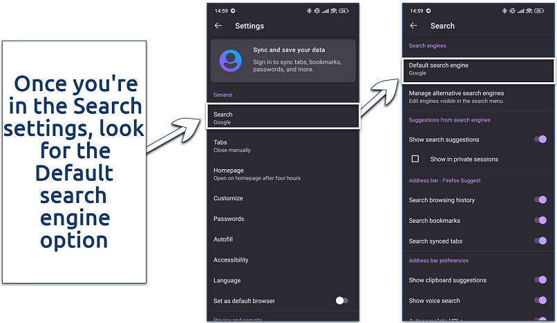 Screenshot showing how to access search engine options on Firefox mobile