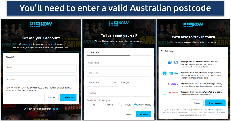 Screenshot of 9Now's account creation steps