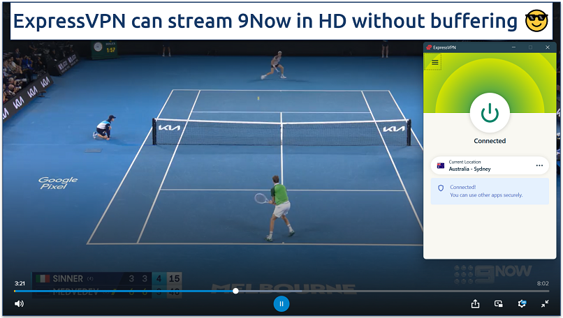 Screenshot of the Australian Open broadcast on 9Now with ExpressVPN connected to Sidney, Australia