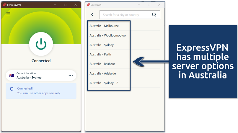 Screenshot of ExpressVPN's Windows app connected to Sidney, Australia