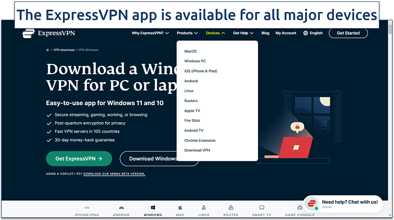 Screenshot of ExpressVPN's website showing its download page for Windows