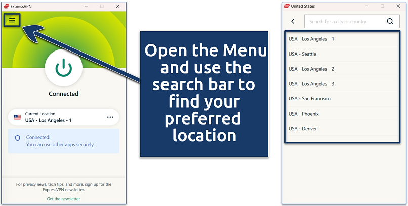 Screenshot of the ExpressVPN Windows app main dashboard and United States server list