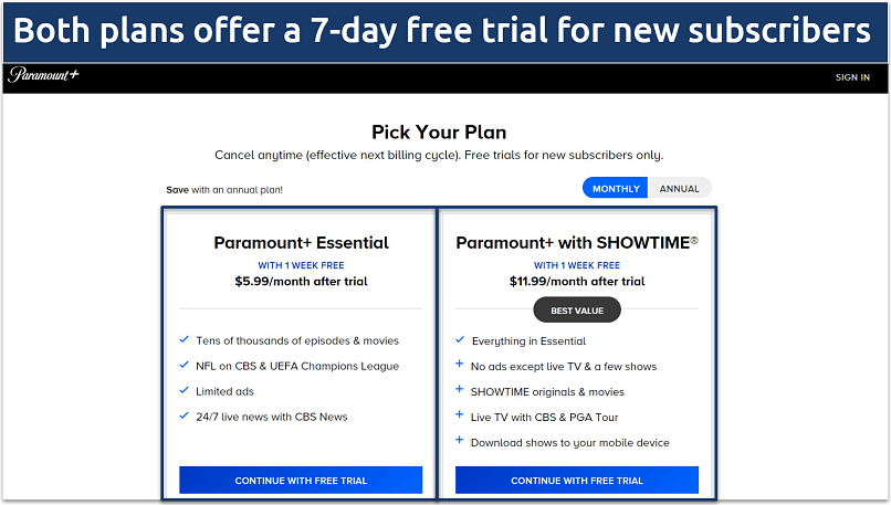 Image showing the pick your plan page of Paramount+ signup