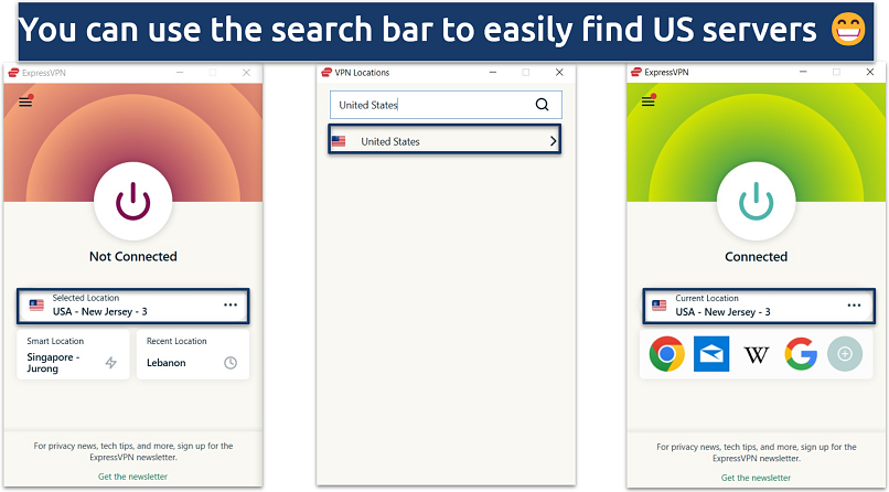 Screenshot showing the app interface of ExpressVPN connected to the USA New Jersey 3 server.