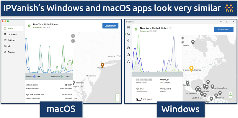 Screenshot showing a side-by-side comparison of IPVanish's Windows and macOS apps