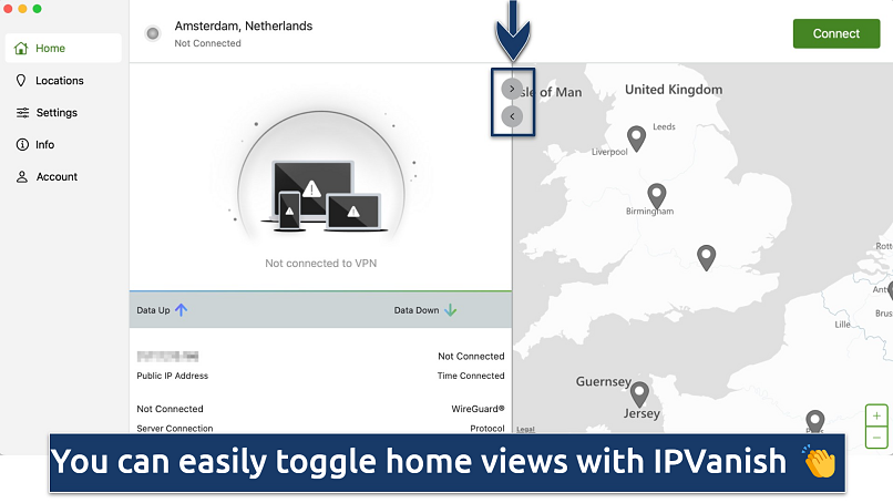 Screenshot showing how to toggle views on the IPVanish app