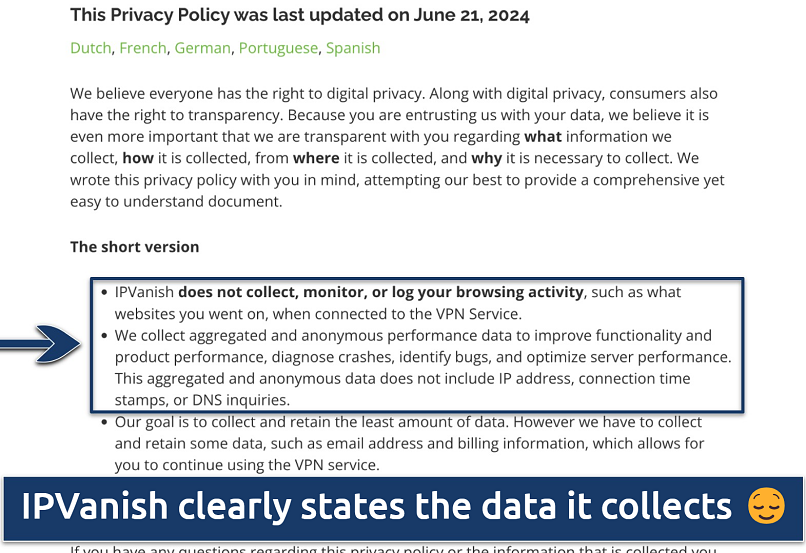 Screenshot showing the IPVanish Privacy Policy