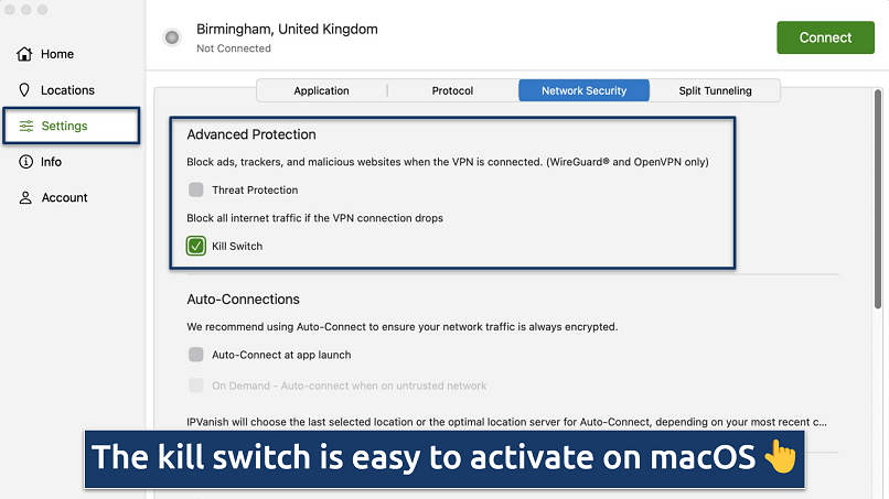 Screenshot showing IPVanish's kill switch