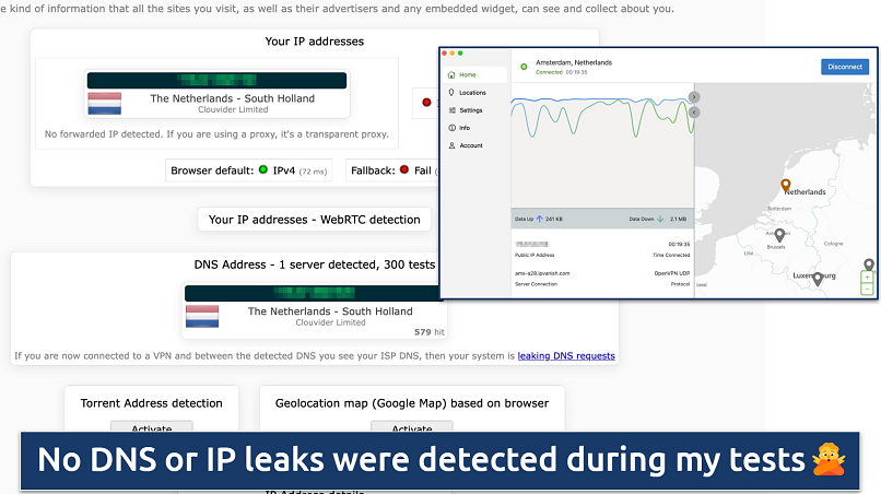 Screenshot showing leak tests with IPVanish