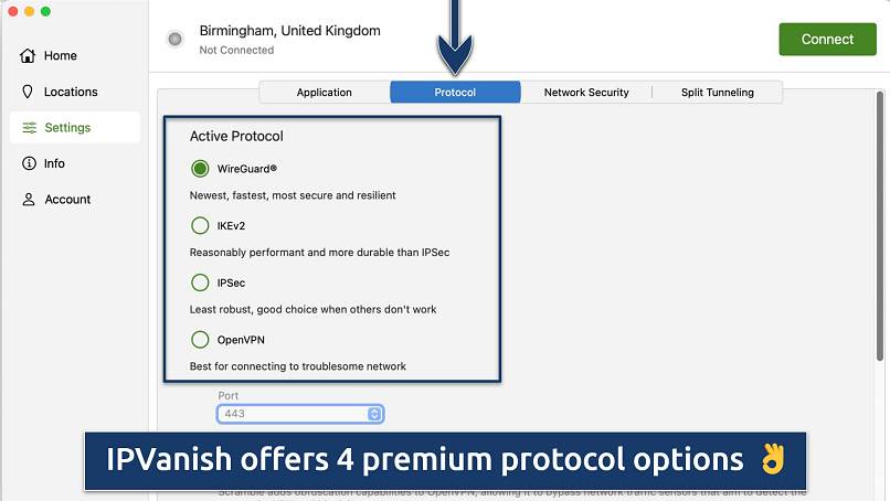 Screenshot showing IPVanish's protocols