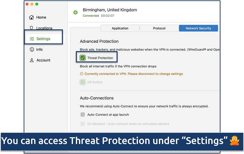 Screenshot showing IPVanish's Threat Protection