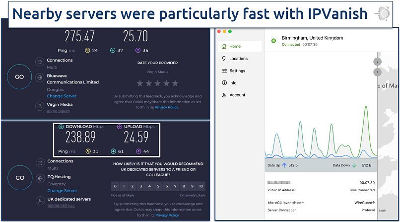 Screenshot showing nearby speed tests with IPVanish