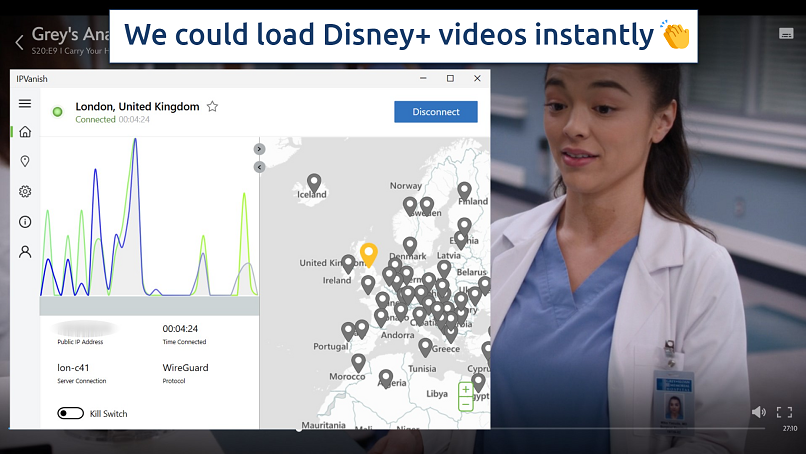 Screenshot showing the IPVanish app over a browser streaming Disney+
