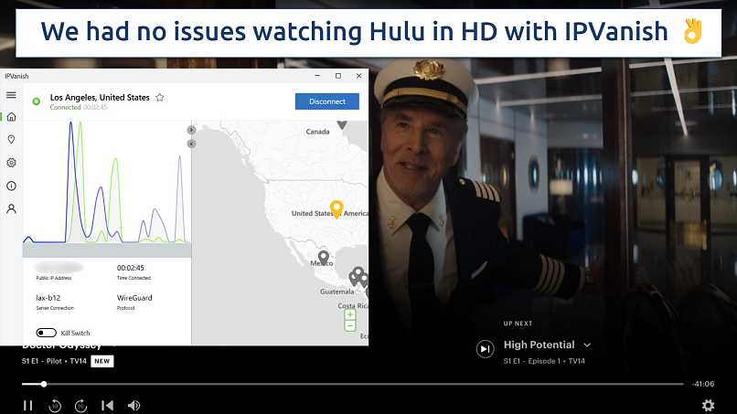 Screenshot showing the IPVanish app over a browser streaming Hulu