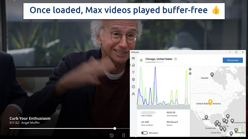 Screenshot showing the IPVanish app over a browser streaming Max