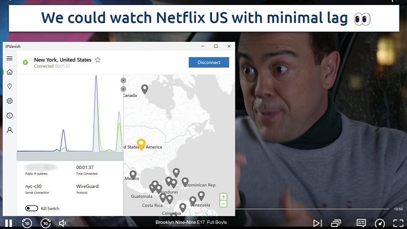 Screenshot showing the IPVanish app over a browser streaming Netflix US