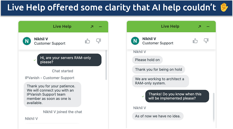 Screenshot showing a chat with one of IPVanish's live agents