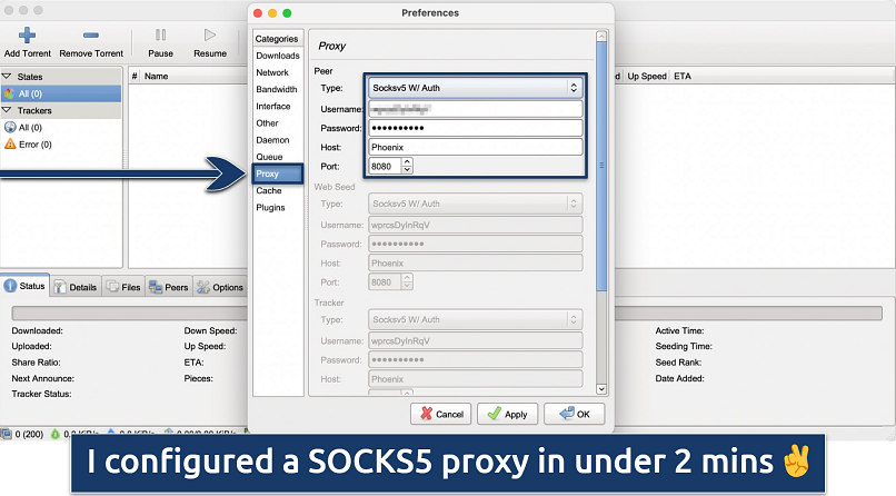 Screenshot showing how to configure a SOCKS5 proxy to a P2P download client