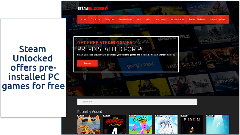 A screenshot showing SteamUnlocked home page