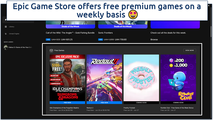 A screenshot showing Epic Game Store home page