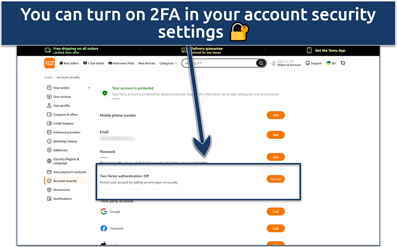 A screenshot showing the Temu's account security settings