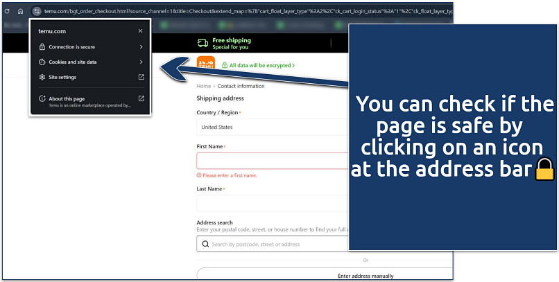 A screenshot showing how to check if a page is HTTPS-secured