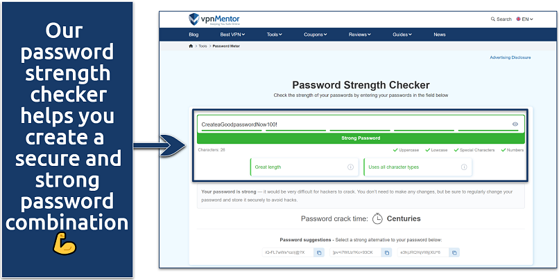 A screenshot showing the vpnMentor's Password Strenght Checker tool