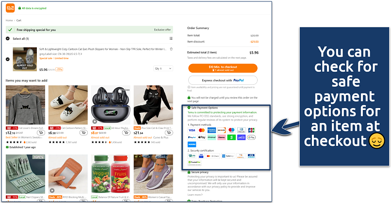 A screenshot showing where to find payment options on Temu