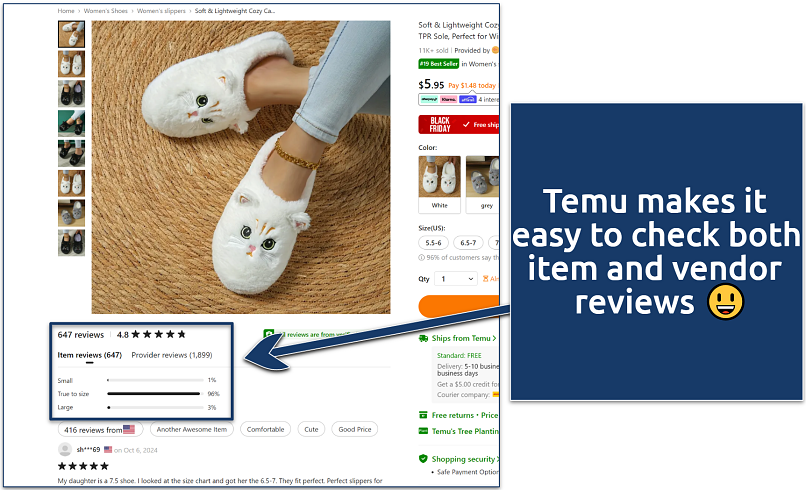 A screenshot showing the Temu marketplace offering 2 types of reviews