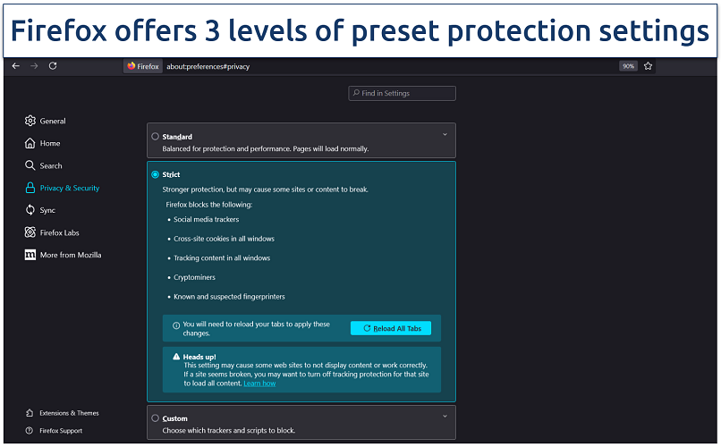 Image showing the privacy and security setting of Mozilla Firefox