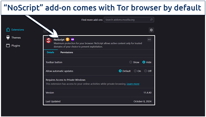 Image showing the extensions settings for Tor browser