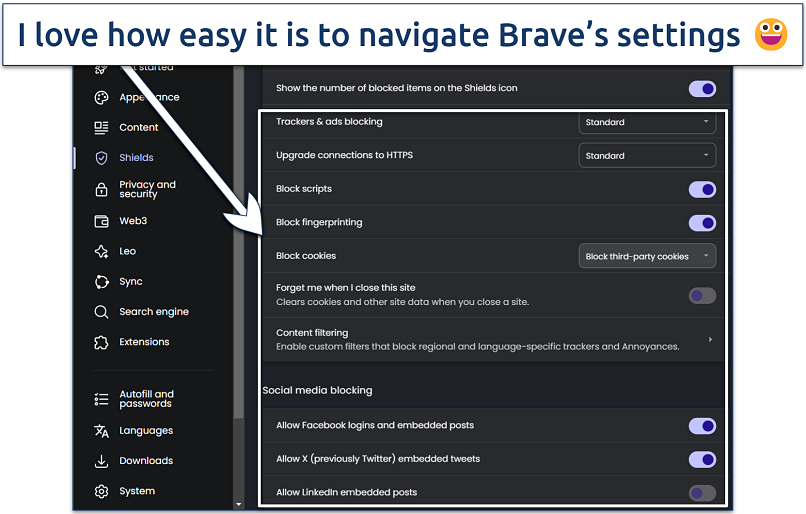 Image displaying the settings page of Brave Browser with Shields options opened