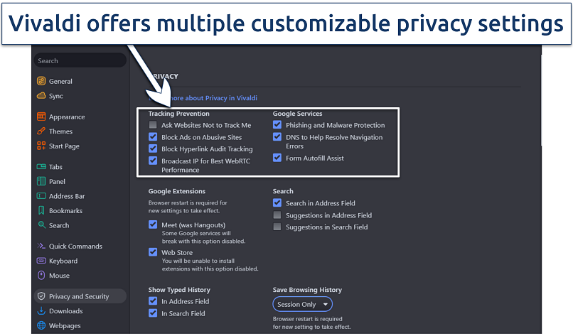 Image showing the privacy and security settings of Vivaldi browser