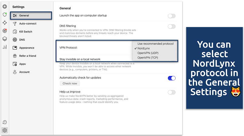 Screenshot of the NordVPN General Settings