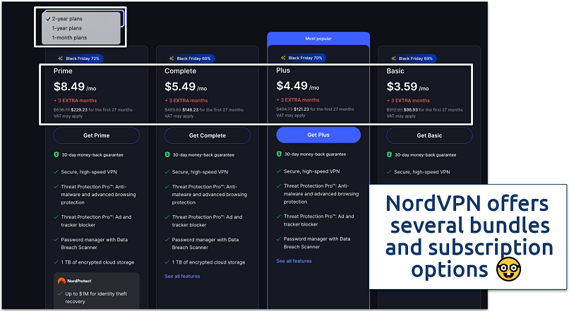 Screenshot of the NordVPN plans and prices