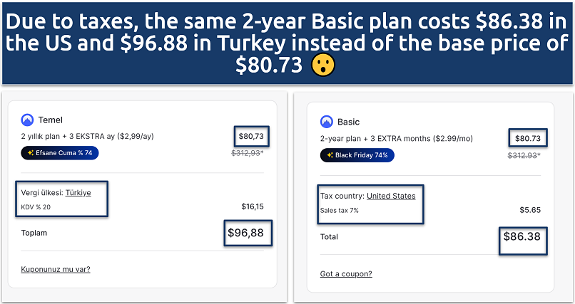 Screenshot of the NordVPN tax comparison in Turkey and the US