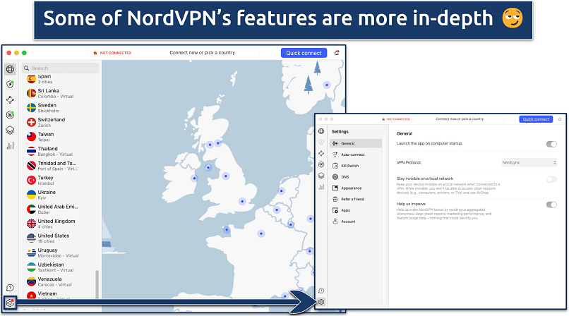 Screenshot showing the main views of the NordVPN app