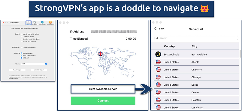 Screenshot showing the main views of the StrongVPN app