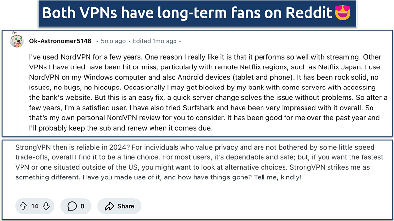 Screenshots of positive posts for NordVPN and StrongVPN on Reddit