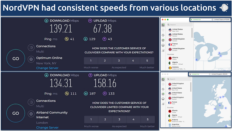 Screenshot of the NordVPN app alongside online speed tests