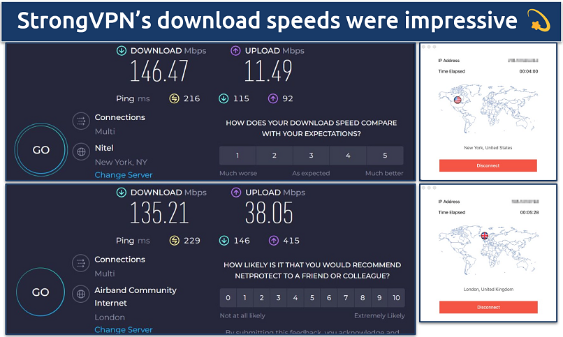 Screenshot of the StrongVPN app alongside online speed tests