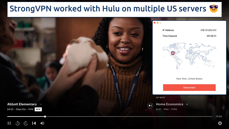 Screenshot of StrongVPN connected to a US server over a browser streaming Hulu