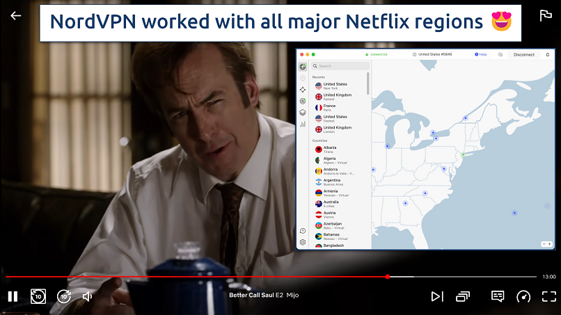 Screenshot of NordVPN connected to a US server over a browser streaming Netflix