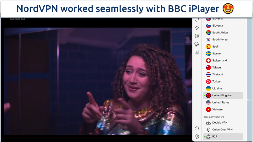 A screenshot of BBC iPlayer streaming with NordVPN connected to a UK server