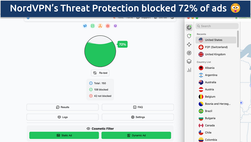 A screenshot of an ad blocking test while using NordVPN's Threat Protection