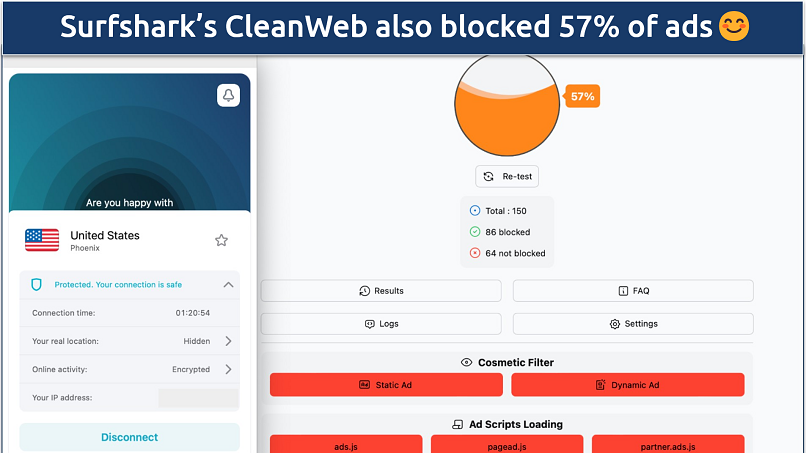 A screenshot of an ad blocking test while using Surfshark's CleanWeb