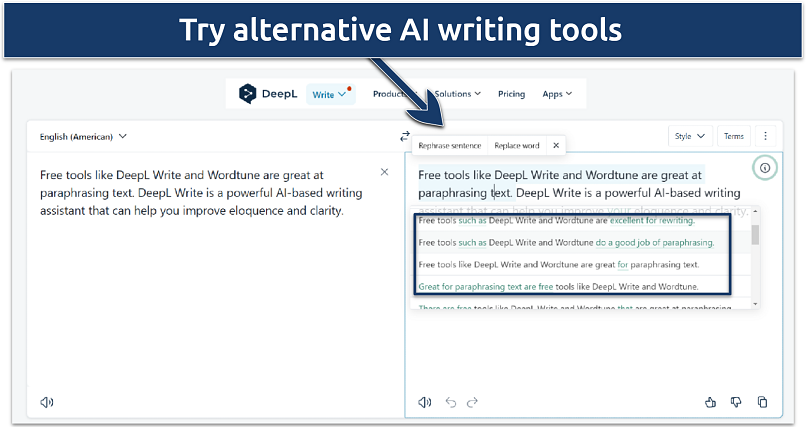 Screenshot showing DeepL Write paraphrasing AI tool